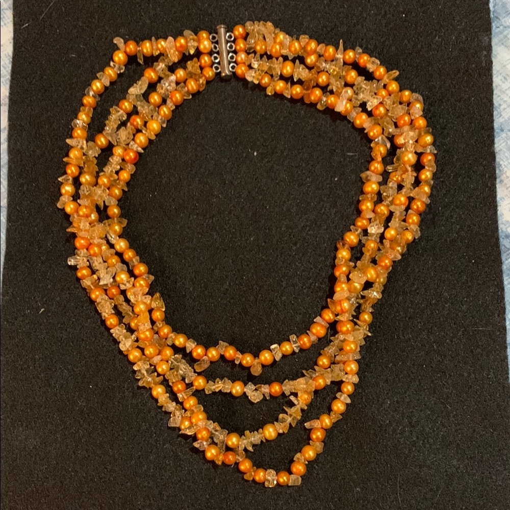 Vintage Orange Multi-Strand Necklace with Rich Beads and Central Clasp